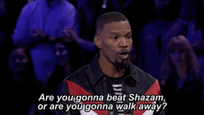 jamie foxx hosting beat shazam and asking if contestant wants to try and win the game