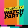 logo for new show celebrity watch party with a rainbow background