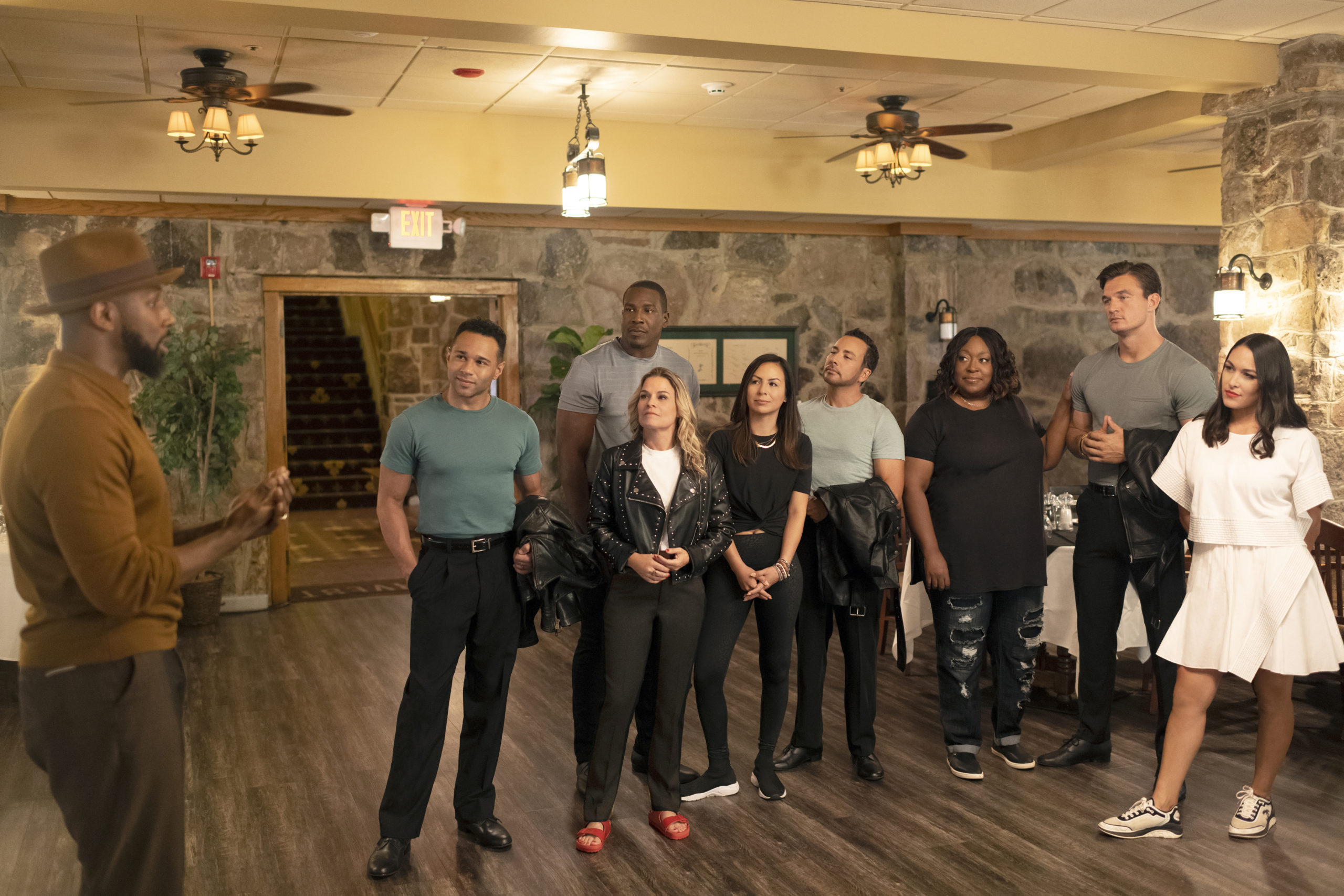 THE REAL DIRTY DANCING:  L-R: Host Stephen “tWitch” Boss with cast members Corbin Bleu, Antonio Gates, Cat Cora, Anjelah Johnson-Reyes, Howie Dorough, Loni Love, Tyler Cameron and Brie Bella in the special event series THE REAL DIRTY DANCING set to air Tuesdays, on Feb. 1, Feb. 8, Feb. 15 and Feb. 22 (9:00-10:00 PM ET/PT) on FOX.  ©2022 Fox Media LLC. CR: Antony Platt/FOX