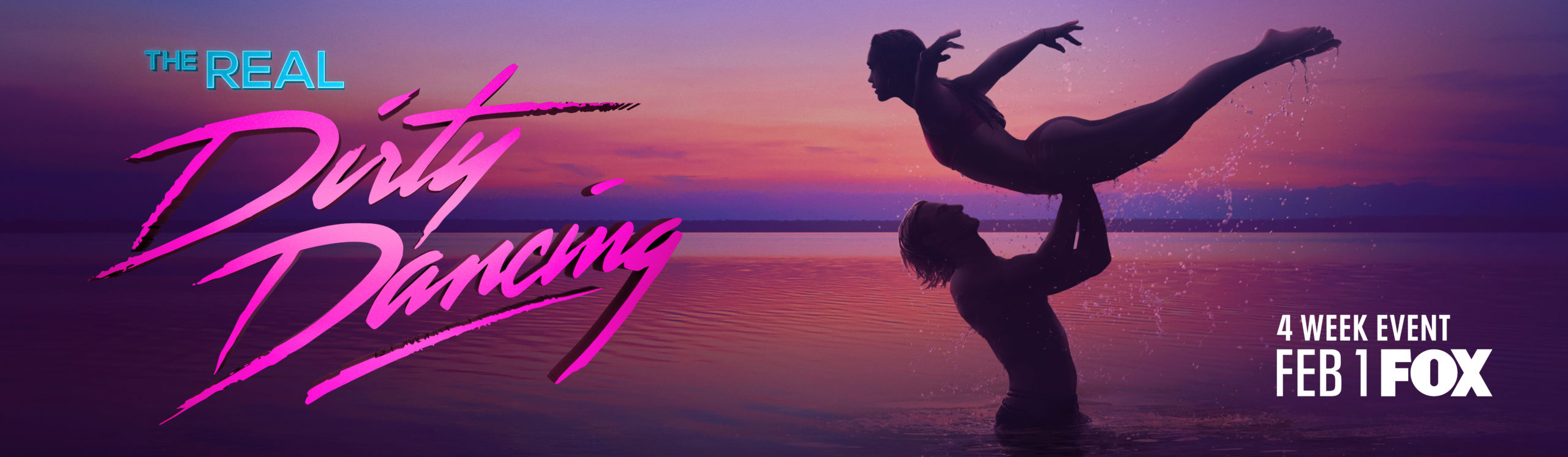 art and logo for new reality series the real dirty dancing, with logo in hot pink script mimicking original movie logo, and silhouettes of a man lifting a woman over his head