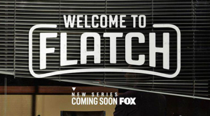 welcome to flatch graphic logo with white letters against a set of mini blinds