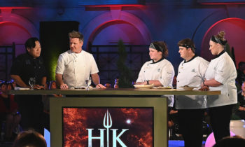 HELL'S KITCHEN: L-R: Guest judge and chef/host Gordon Ramsay with contestants Kiya, Trenton and Megan in the “What the Hell” Part One of the two-hour season finale airing Monday, Sept. 13 (8:00-9:01 PM ET/PT) on FOX. CR: Scott Kirkland / FOX. © 2021 FOX MEDIA LLC.