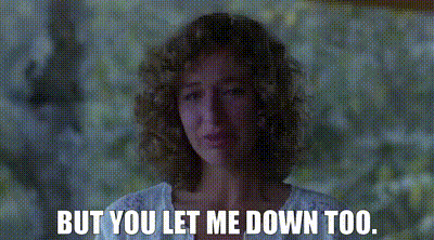 jennifer grey as baby is crying and telling her father he has let her down in dirty dancing