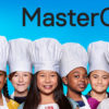 masterchef junior logo image with child chefs lined up wearing traditional white chefs hats