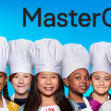 masterchef junior logo image with child chefs lined up wearing traditional white chefs hats