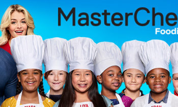 masterchef junior logo image with child chefs lined up wearing traditional white chefs hats