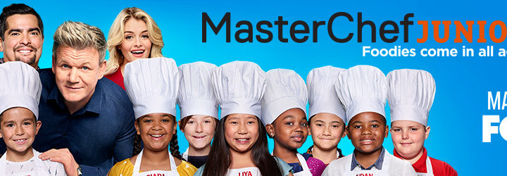 masterchef junior logo image with child chefs lined up wearing traditional white chefs hats
