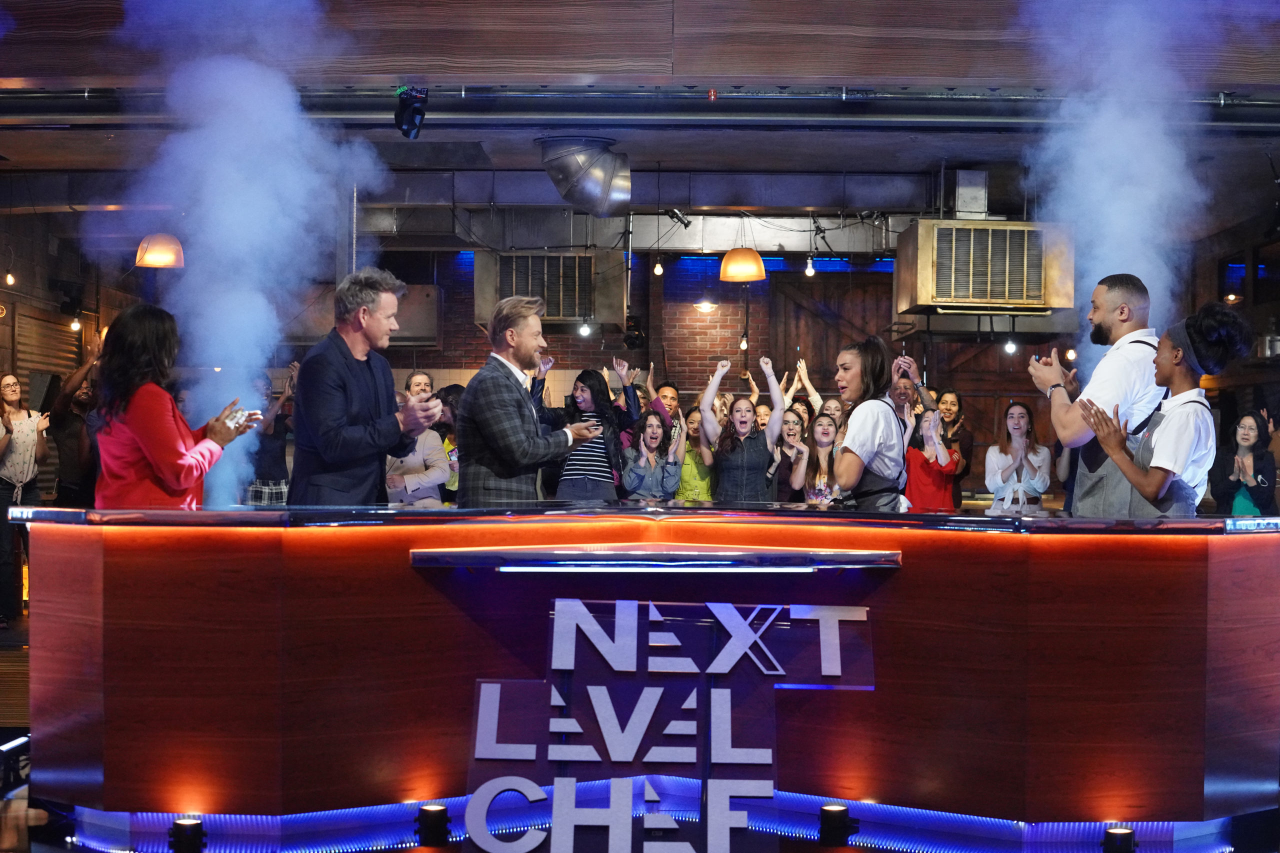 NEXT LEVEL CHEF: L-R: Mentors Nyesha Arrington, Gordon Ramsay and Richard Blaise with contestants Stephanie, Reuel and Mariah in the “The Final Level” episode of NEXT LEVEL CHEF airing Wednesday, March 2 (8:00-9:00 ET/PT) on FOX © 2022 FOX Media LLC. CR: FOX.