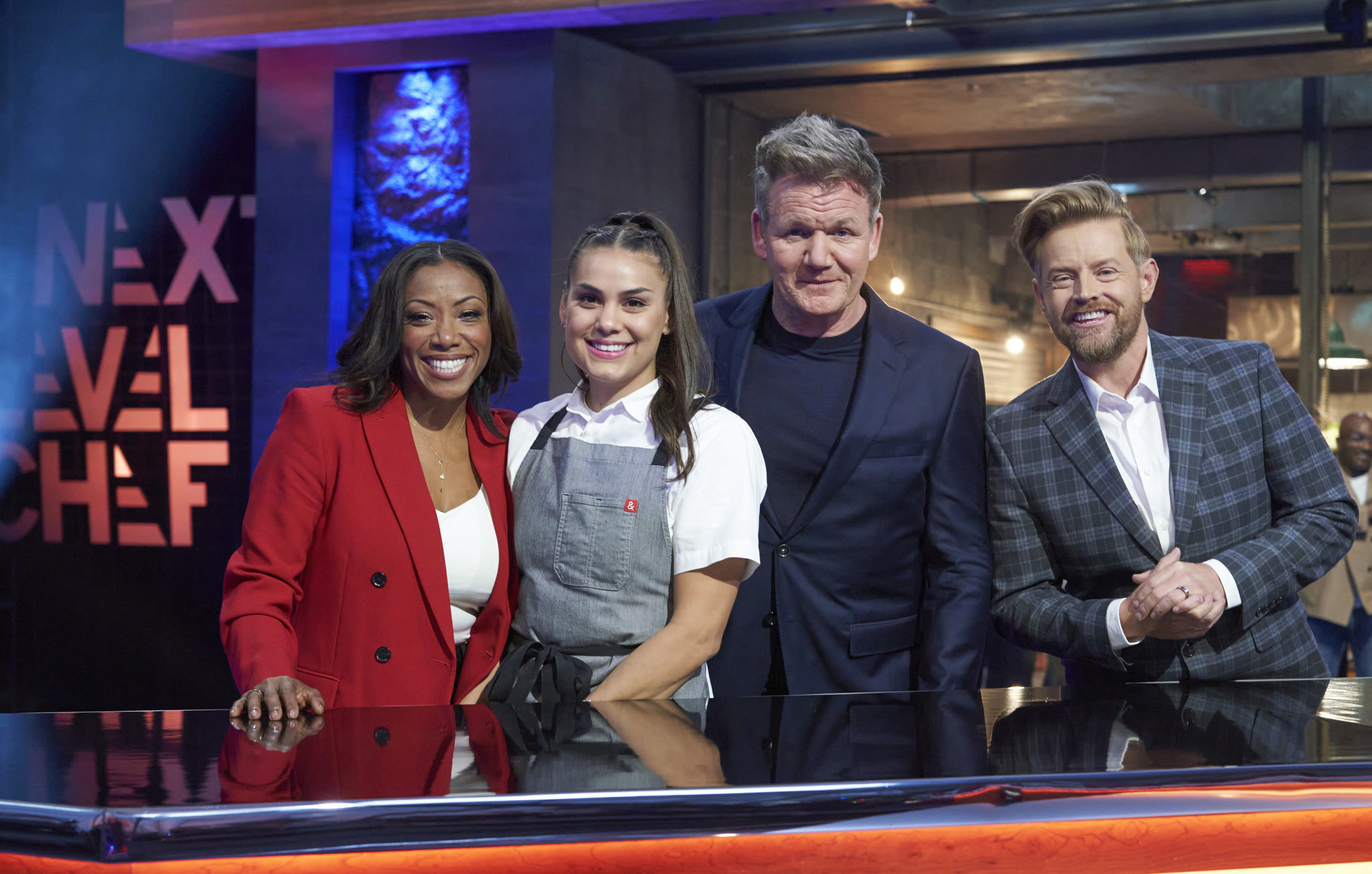 NEXT LEVEL CHEF: L-R: Mentor Nyesha Arrington, winner Stephanie, and mentors Gordon Ramsay and Richard Blaise in the “The Final Level” episode of NEXT LEVEL CHEF airing Wednesday, March 2 (8:00-9:00 ET/PT) on FOX © 2022 FOX Media LLC. CR: FOX.