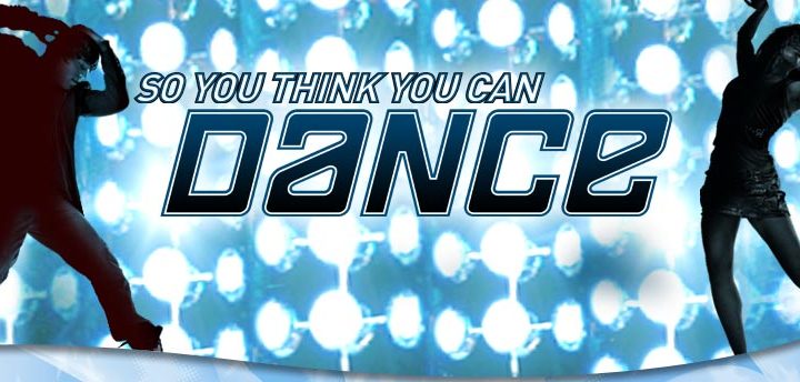 so you think you can dance logo on blue background with bright lights and silhouette of man and woman dancing on each end of words