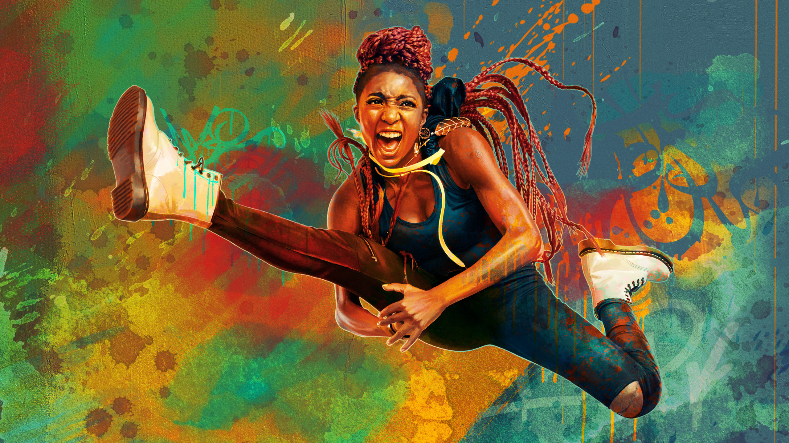 so you think you can dance poster art featuring african american female dancer leaping and yelling, she has long red braids and is wearing a blue tank top with ripped skinny jeans and white doc martin boots