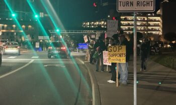Hundreds gather outside KCRCC annual Lincoln Day dinner to protest keynote speaker Matt Gaetz